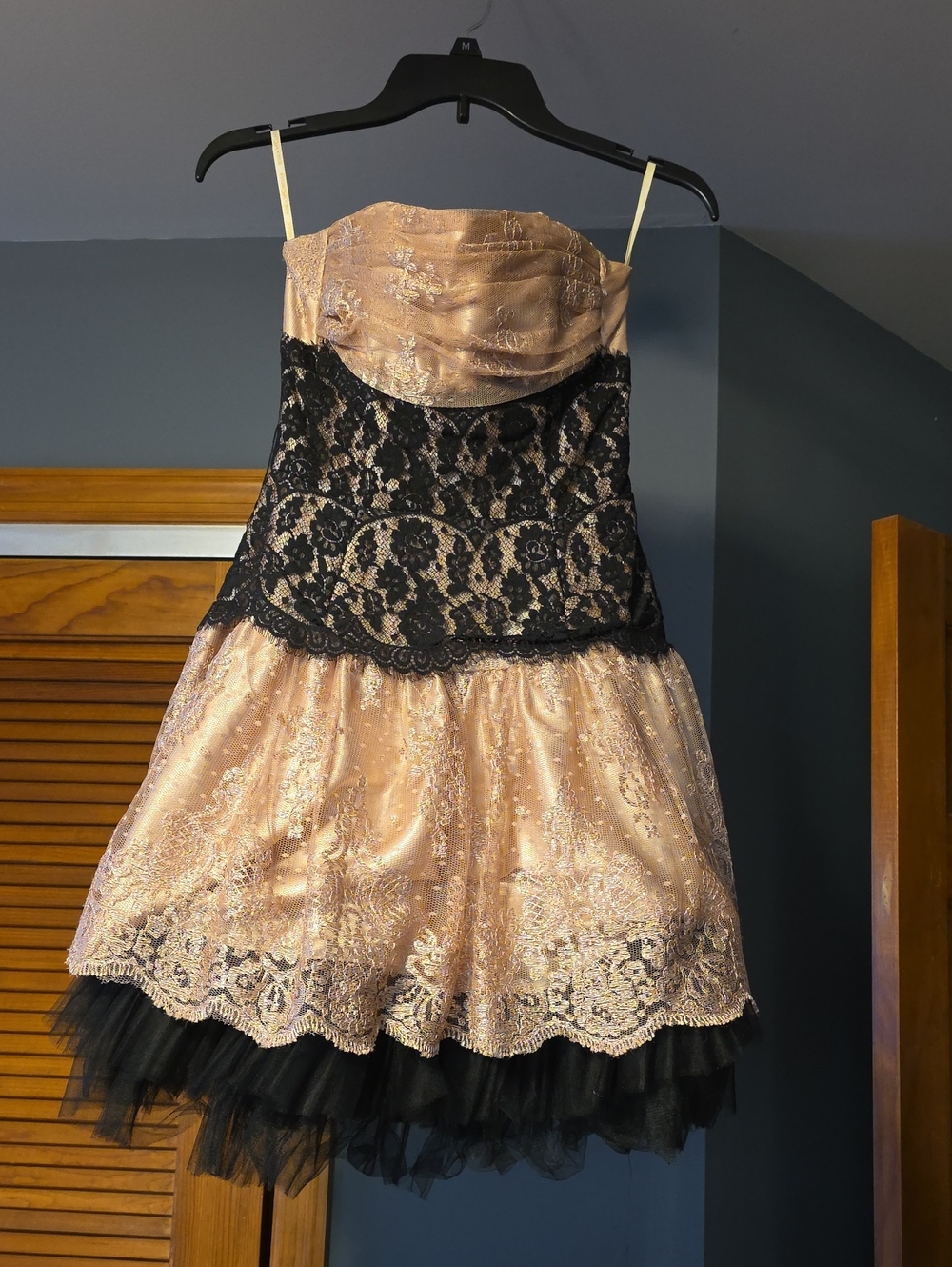 Jessica McClintock Black Lace Overlay Champagne Party Dress